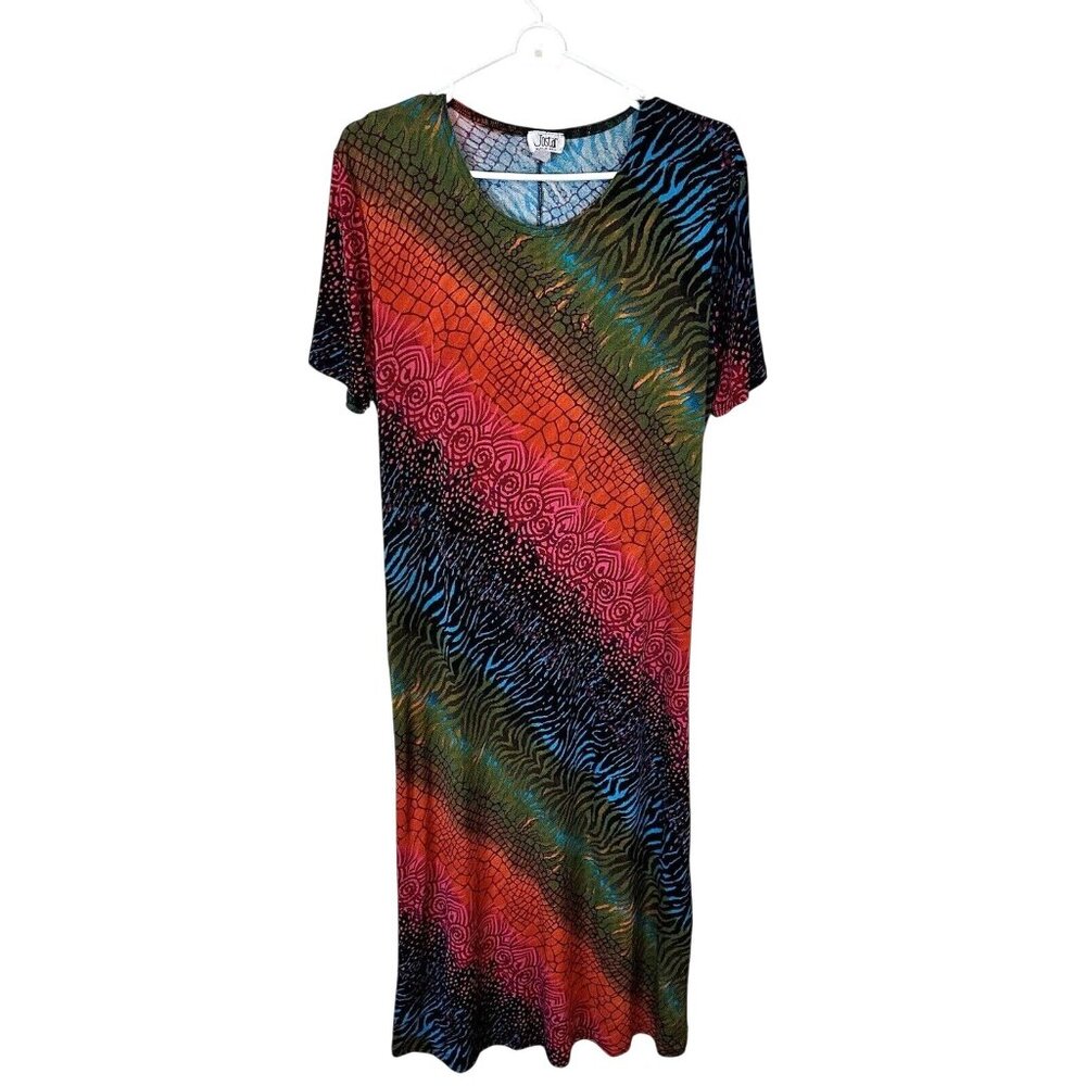 Vintage Jostar Womens Multicolored Short Sleeve Maxi Shimmer Travel Dress Large
